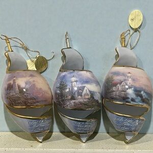 2002 Bradford THOMAS KINKADE Shoreline Splendors Ornaments, Set Of 3 New